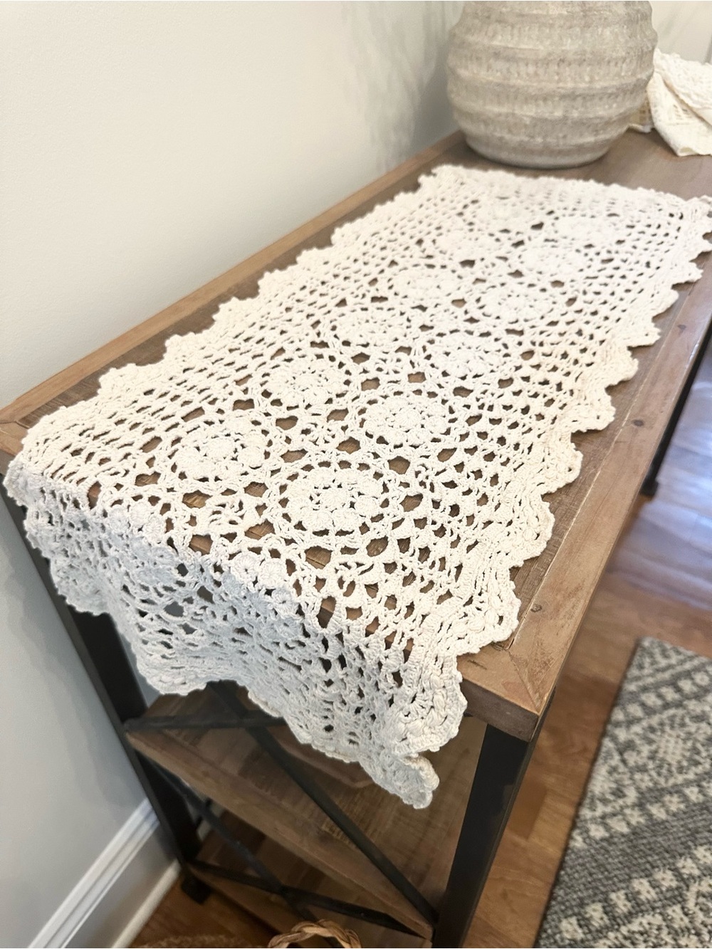 Handmade Cotton Crochet Table Runner in White Cream Elegant Dining Accent 28.5”